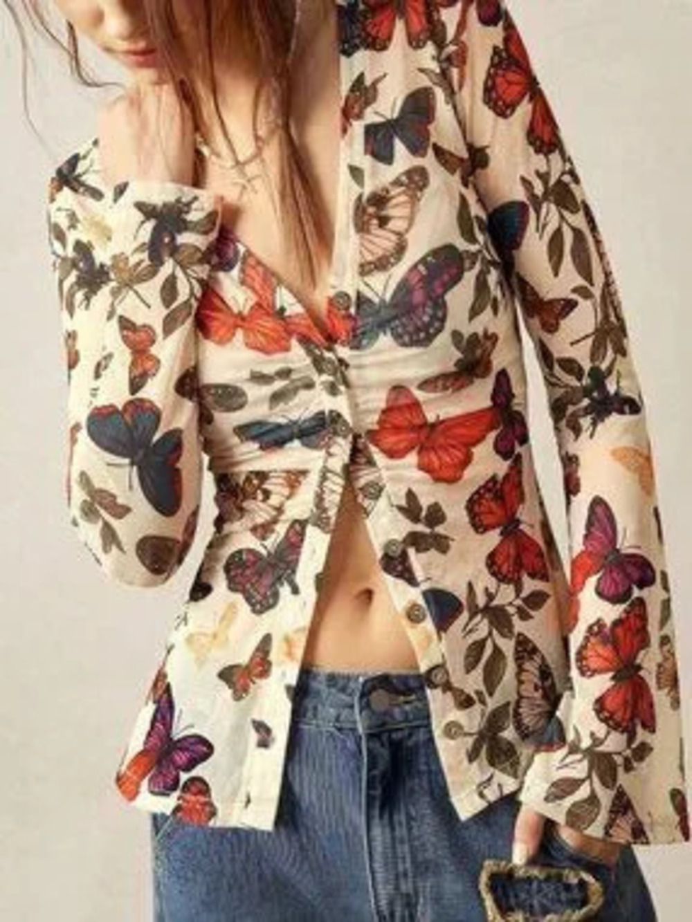 ZARA Blue Casual Women's Butterfly Print Boho Knit Lace V-Neck Flared Sleeve Top